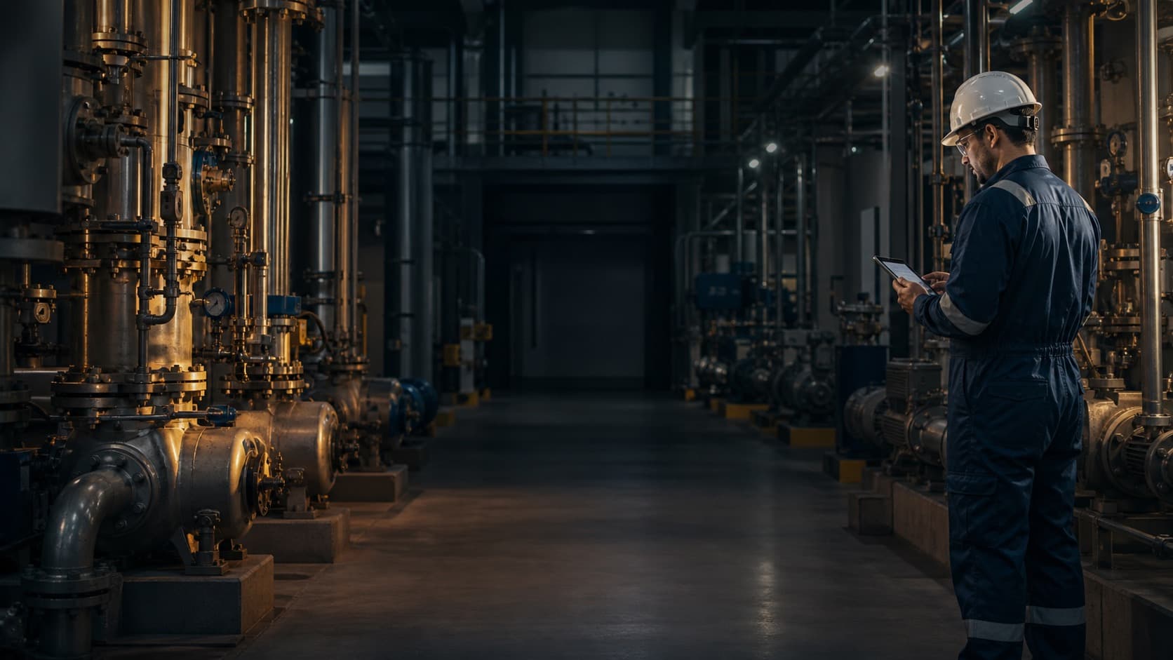 Engineer reviewing industrial equipment at an operating facility
