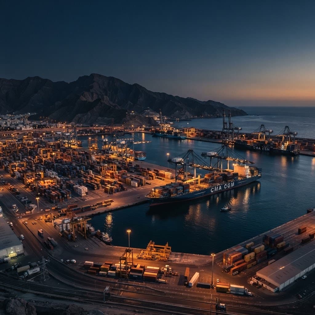 Muscat harbor at dusk with the mountains of Oman